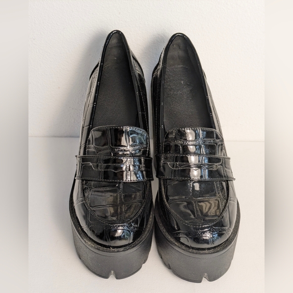 MDE PLATFORM LOAFER WOMENS US 9 EU 40 BLACK FAUX CROCODILE Chunky HEELS Loafers - Picture 2 of 9